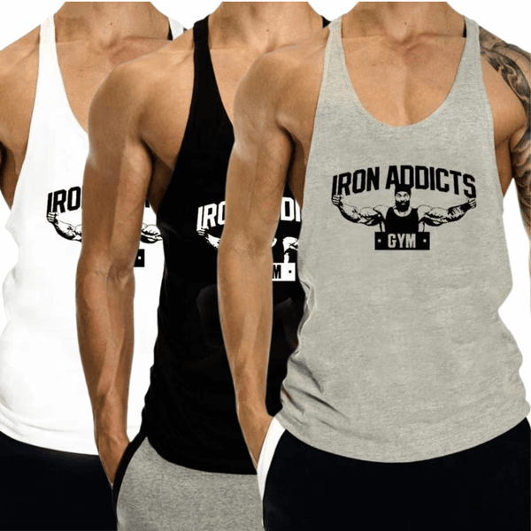 3 PACK IRON ADDICT Printed Workout GYM Tank Top