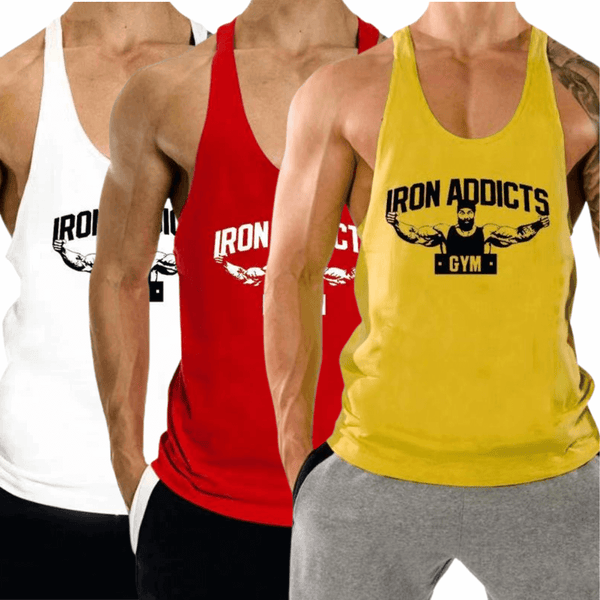 3 PACK IRON ADDICT Printed Workout GYM Tank Top