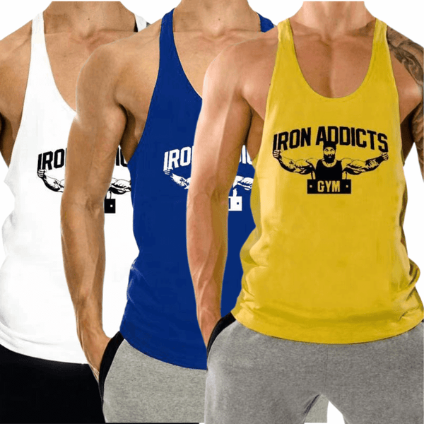 3 PACK IRON ADDICT Printed Workout GYM Tank Top