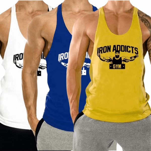 3 PACK IRON ADDICT Printed Workout GYM Tank Top