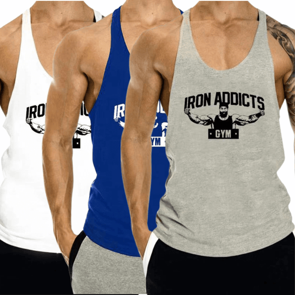 3 PACK IRON ADDICT Printed Workout GYM Tank Top